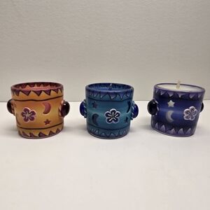 3 Celestial Handmade Tea Light Candles And Votives Fimo Polymer On Glass